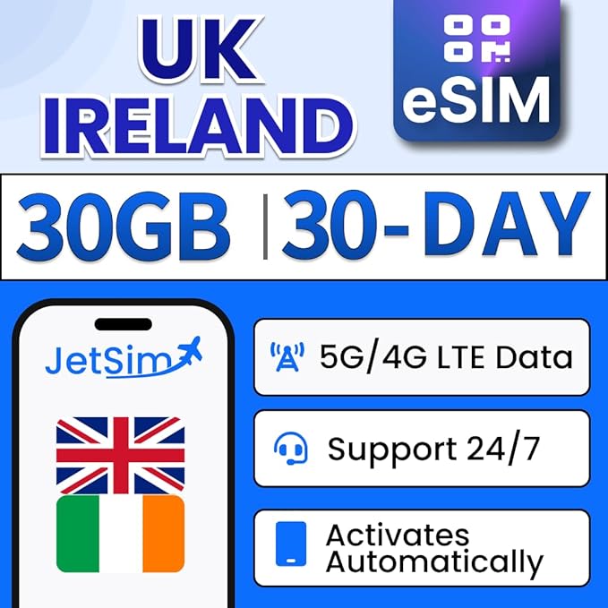 UK & Ireland [eSIM] 30-Days, 30GB High-Speed Data(1GB/Day), Mobile Hotspot & Tethering, Instant Delivery, Auto-Activation, Uses Three UK, Prepaid Virtual SIM Card