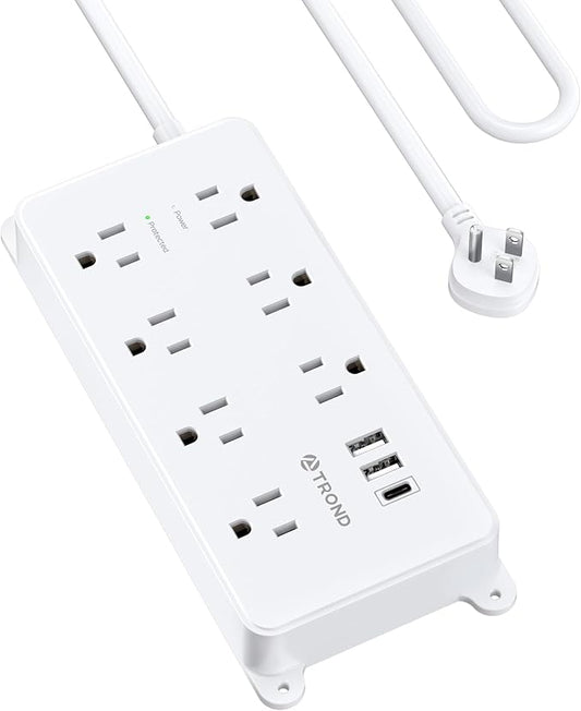 TROND Surge Protector Power Strip 10ft, ETL Listed, Flat Plug Long Extension Cord with 2 USB A and 1 USB C, 7 Widely-Spaced Outlets, Wall Mountable, 1700 Joules, White