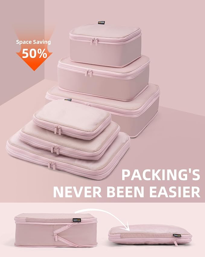 6 Set Compression Packing Cubes, Suitcase Storage Bags for Clothes and Travel Essentials (Dusty Pink)