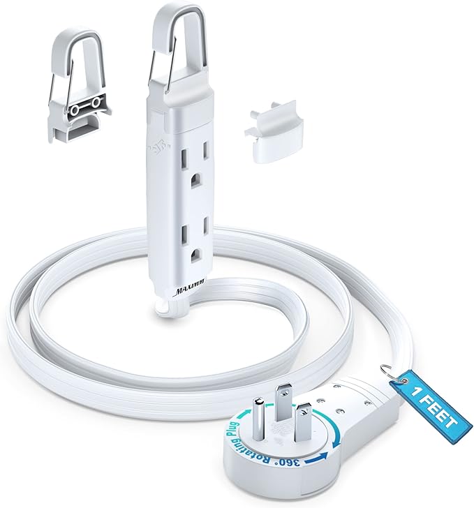 Maximm 360° Rotating Flat Plug Extension Cord with a Removable Hook, White Extension Cord 1 ft (16 Gauge) UL Certified