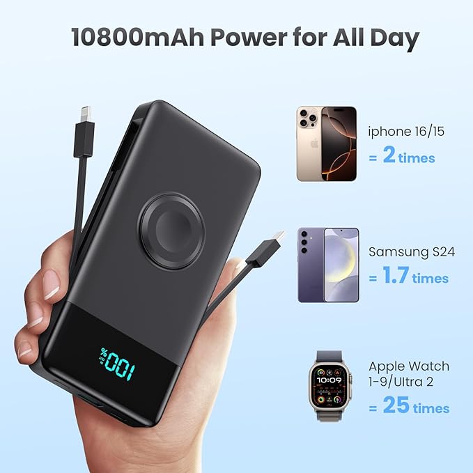 Portable Charger for iPhone with Built in Cables & Wall Plug,6-in-1 10800mah Power Bank With iWatch Charger,QC4.0+25W PD Fast Charging LCD Display Battery Pack for iPhone 16/15/14,Android,Apple Watch