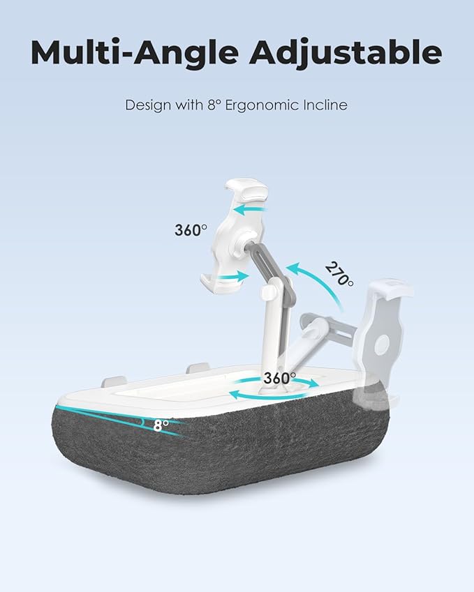 Viozon Kindle Pillow Stand Holder, Phone Holder for Bed, Laptop Lap Desk with Mouse Pad,Compatible with 4.7-13" Kindle/Tablet/Phone,10-15" Laptop, Snack Bowl&Cup Attachment&Detachable 360°Stand Arm