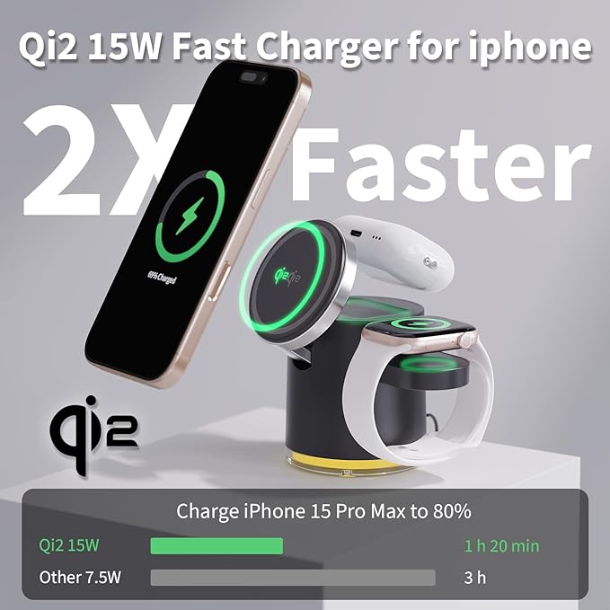 3 in 1 Wireless Charging Station,Qi2 Certified 15W Magnetic Wieless Charger with Night Light,for iPhone 12-17 Series,Apple Watch,Airpods (Black)