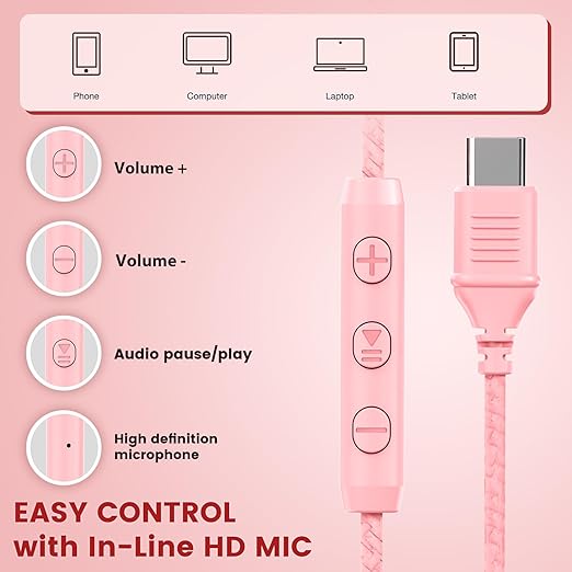 USB C Headphones Wired, Over Ear USB C Wired Headphones with Microphone, Volume Control, HD Stereo Sound, Foldable USB Type C Headphones for Adult/Teens/Chromebook/Laptop/Computer/iPhone,Pink