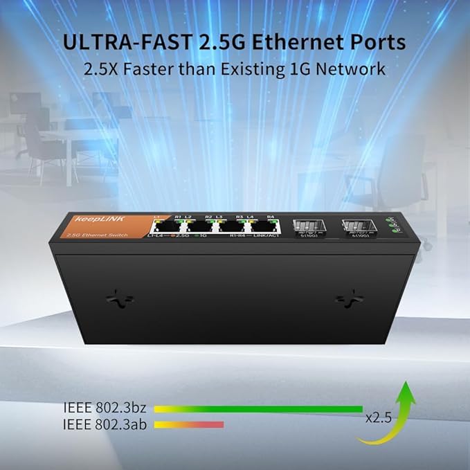6-Port 2.5G Switch Unmanaged, 4 x 2.5GBASE-T Ports & 2 x 10GBASE-T SFP Slots, 60Gbps Switching Capacity, Plug & Play/Wall Mountable/Fanless Metal, Compatible with 1000Mbps Devices