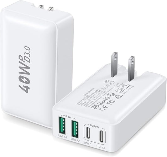 USB C Charger Block, Excgood 40W 4-Port Flat USB Wall Charger Adapter Multiport Dual PD+QC Foldable Slim Fast Charging Plug Compatible for iPhone 16 15 Pro Max 14 13 iPad Watch Galaxy S23,2Pack White