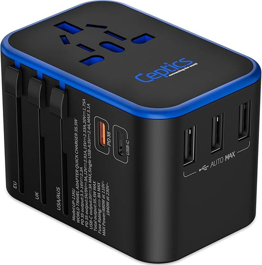 Ceptics Universal Travel Adapter, 35W International Power Adapter with PD & QC 3.0 Dual USB-C, 3 USB Travel Adapter Worldwide, Type I C G A Outlets 110V 220V A/C - EU Euro US UK (11-KU)