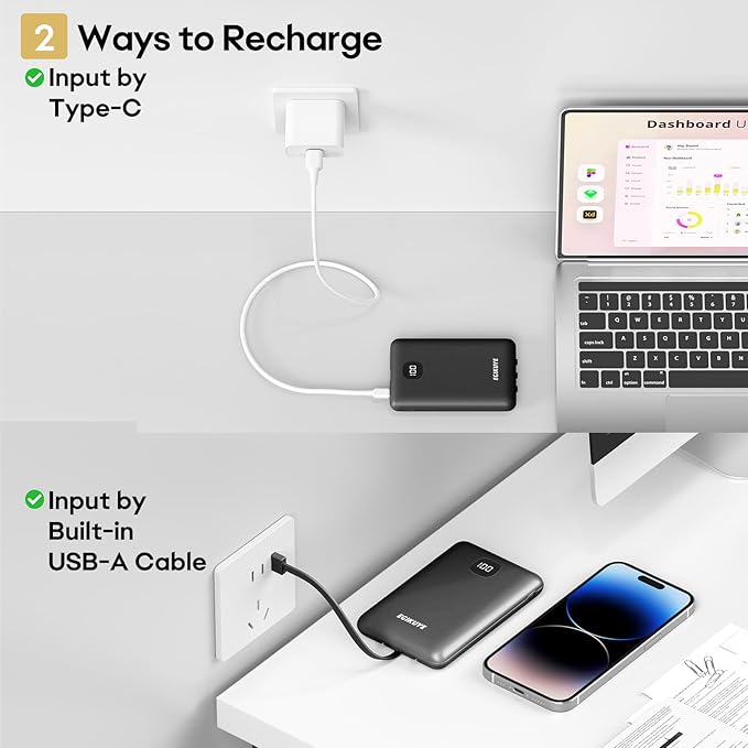 Portable Charger 10000mAh Power Bank with Digital Display, External Battery Pack with Built-in Cables, Ultra-Compact USB-C in&Out Travel Essential for iPhone, Android, Samsung etc