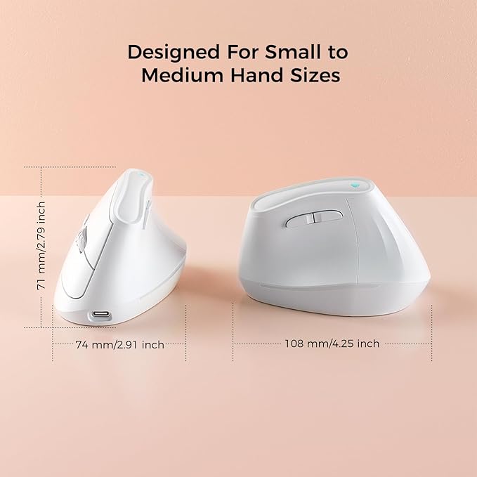57° Ergonomic Wireless Tower Mouse, Vertical Quiet Ergo Mouse, Bluetooth(BT5.0,BT3.0)&2.4G, (800/1200/2400/2400/4000), 7 Buttons for Windows, macOS, iPadOS, Laptop, PC, White