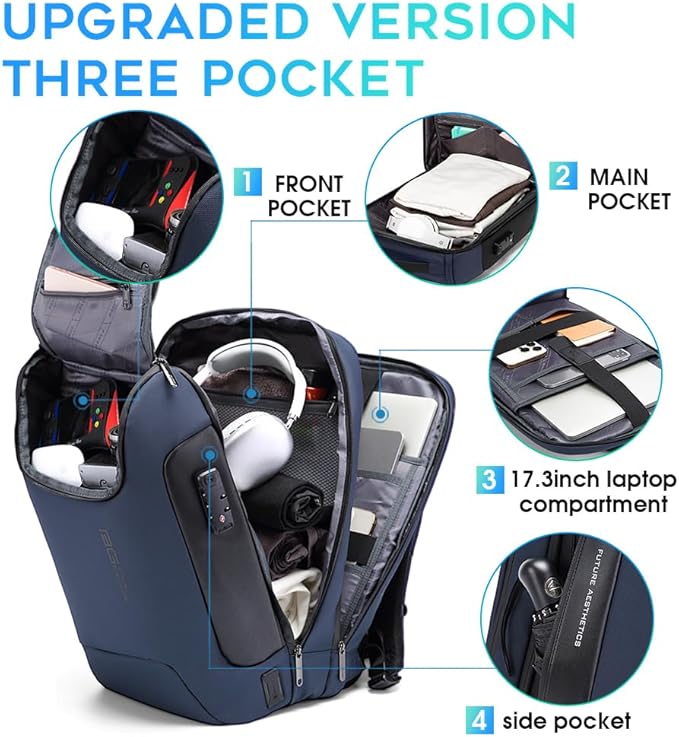 BANGE Mens Business Backpack for Work, Computer Backpacks for Laptops for 17.3 Inch, Men's Backpack with Lock Anti Theft, Backpack for Traveling with USB charging Port