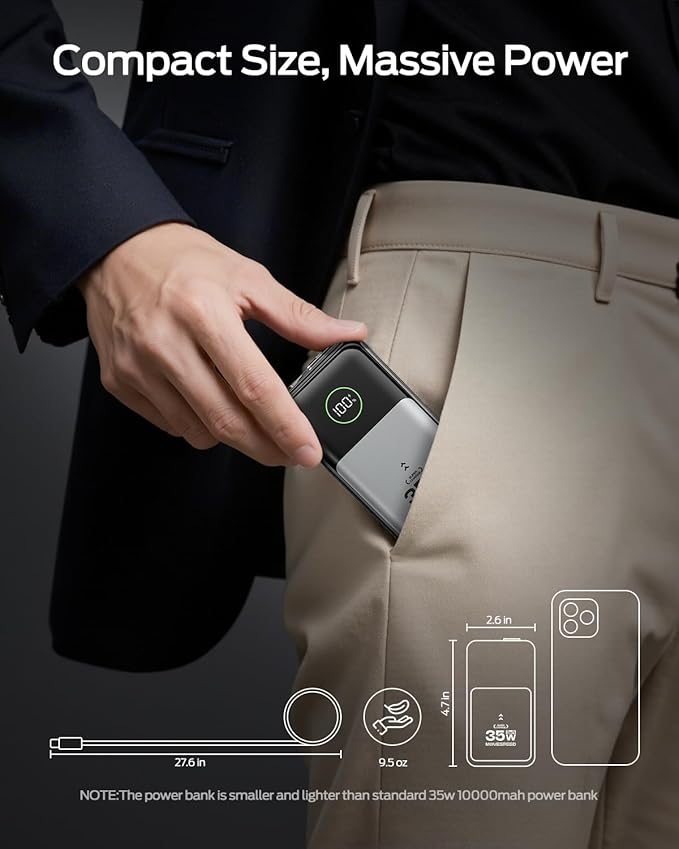 MOVE SPEED 3 in 1 Portable Charger with Built-in Retractable 27.6in Cable and Foldable Wall Plug, 35w 10,000mAh GaN Fast Charging Power Bank, Travel Essential Battery Pack for iPhone 17/16/15,Galaxy