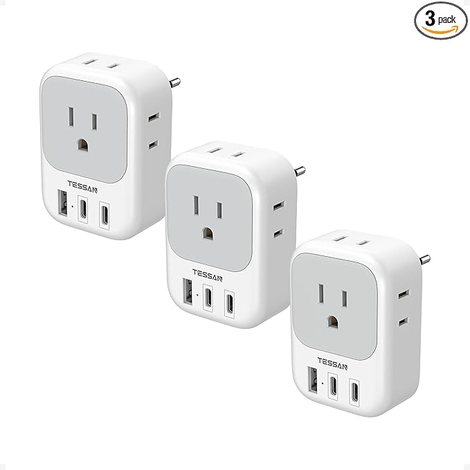 3 Pack European Travel Plug Adapter, TESSAN Type C Charger Plug with 4 Outlets 3 USB (2 USB-C), US to Europe Plug Adapter for Italy, Spain, France, Portugal, Greece, Iceland, Travel Essentials