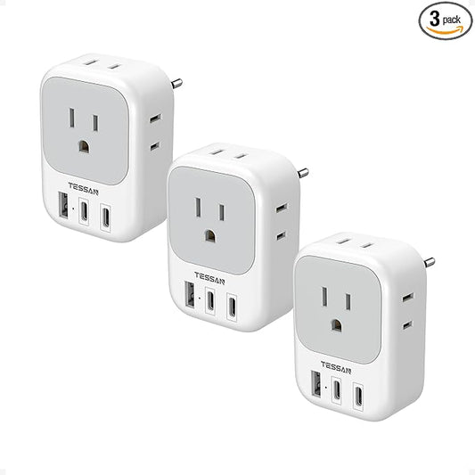 3 Pack European Travel Plug Adapter, TESSAN Type C Charger Plug with 4 Outlets 3 USB (2 USB-C), US to Europe Plug Adapter for Italy, Spain, France, Portugal, Greece, Iceland, Travel Essentials