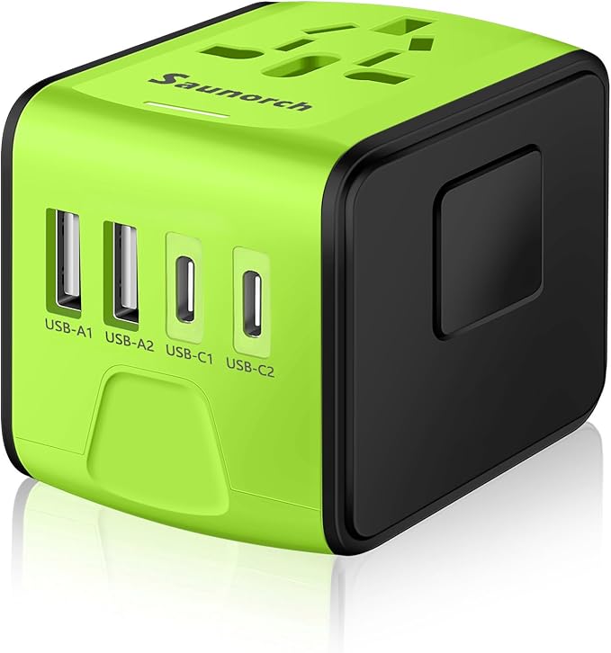 Travel Adapter Worldwide, Universal International Power Plug Adapter W/2.4A 2xUSB-A and 3.0A 2xType-C Wall Charger, European Travel Plug Adapter for Europe UK EU US CA AU Italy Asia-Green