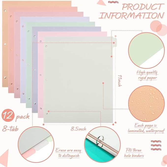 Honoson 12 Sets 8 Tab Dividers for 3 Ring Binders Plastic File 8.5 x 11 Inch Paper Multicolor Page Binder Index Dividers for School Office(Dream Color)