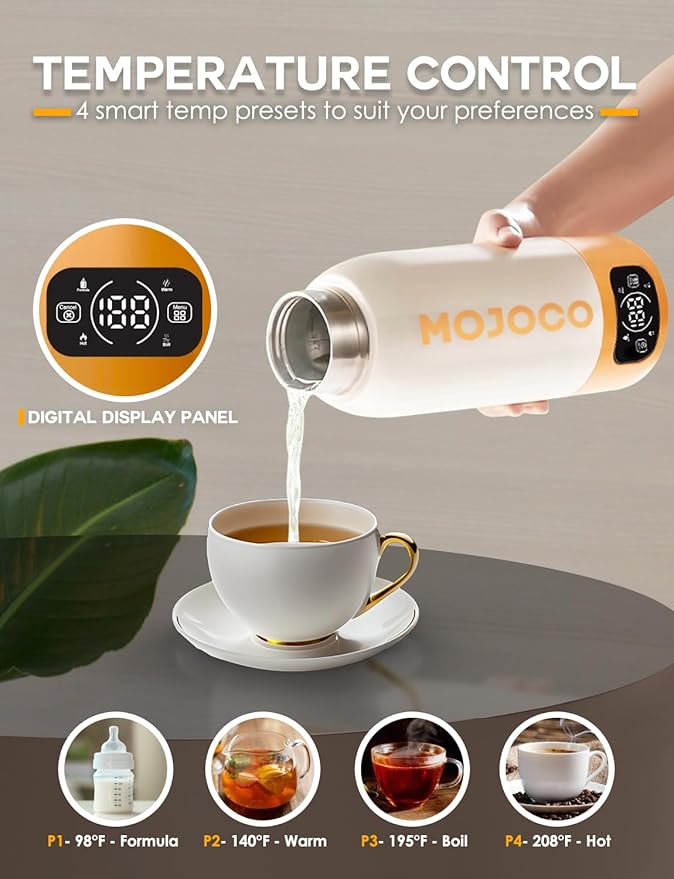 Mojoco Portable Electric Kettle - 20oz Leak Proof Travel Kettle for Coffee, Tea - Vacuum Insulated Stainless Steel Portable Water Boiler - Small Water Heater for RV, Camping