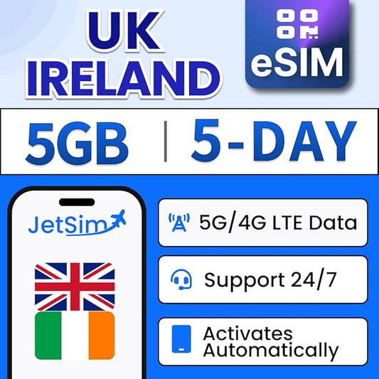 UK & Ireland [eSIM] 5-Days, 5GB High-Speed Data (1GB/Day), Mobile Hotspot & Tethering, Instant Delivery, Auto-Activation, Uses Three UK, Prepaid Virtual SIM Card