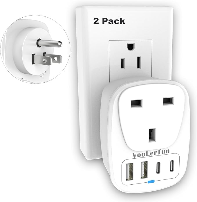 England to US Plug Adapter 2 Packs, UK Type G to US Travel Plug Adapter with 1 lreland AC Outlets, 4 USB Charger Ports (2 USB C), for Dubai, England, Scotland, Hong Kong, Singapore