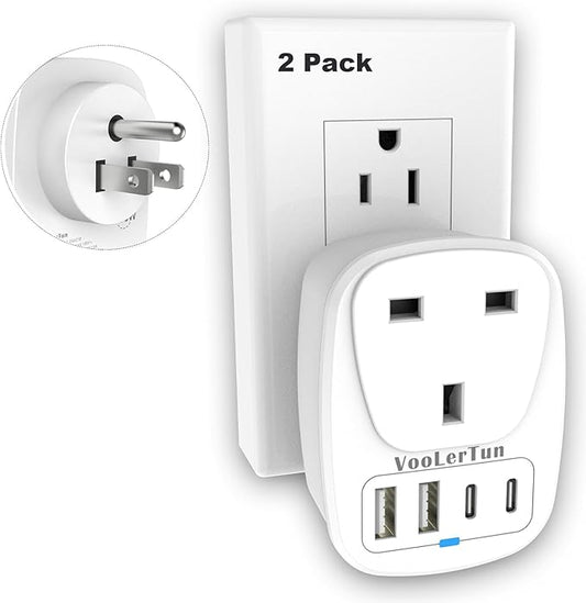 England to US Plug Adapter 2 Packs, UK Type G to US Travel Plug Adapter with 1 lreland AC Outlets, 4 USB Charger Ports (2 USB C), for Dubai, England, Scotland, Hong Kong, Singapore