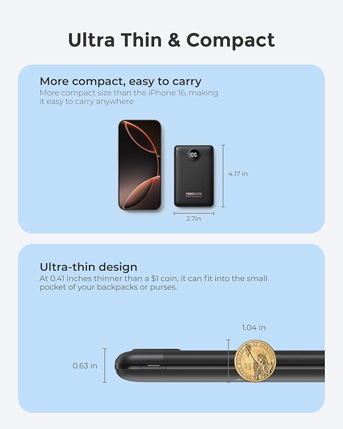 VEEKTOMX Small Portable Charger 10000mAh, Mini Power Bank 22.5W Fast Charging, Slim & Lightweight Travel Essentials, 3-Output External USB C Battery Pack Compatible with iPhone 17 16 15 (Dark Black)