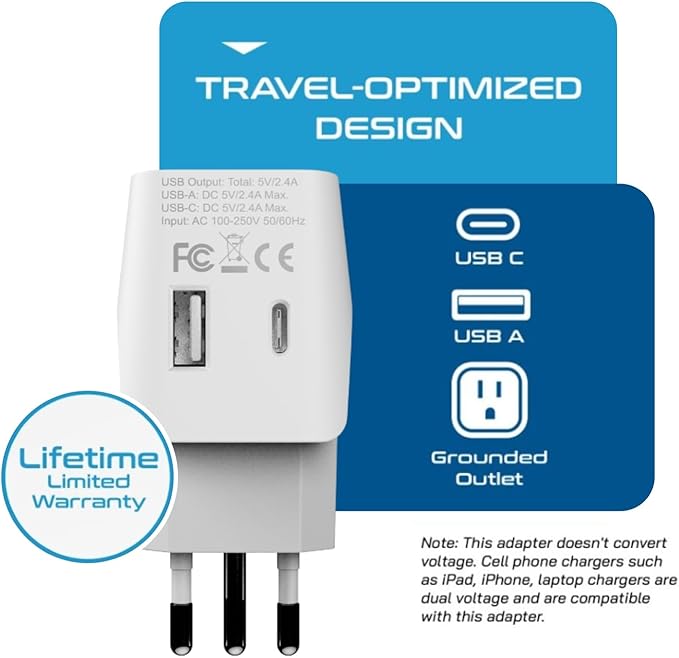 Ceptics Italy Travel Plug Adapter – Type L Italy Power Adapter with USB-C & A + USA Input –Compact, Safe Grounded for Phones, Laptops & More (CTU 12A)