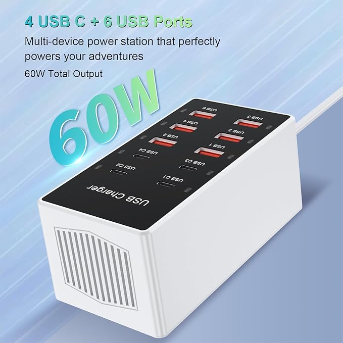 USB C Charging Station Cell Phone Wall Charger 10Ports USBC Fast Charging Power Hub Cube 4 USB C 6 USB A Charger Block Power Strip Dock Adapter for iPhone 15/14/13 iPad Android Smart Phones