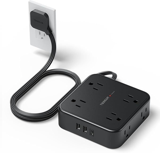 TESSAN Surge Protector Flat Plug Power Strip, Black Extension Cord, 8 AC Outlets, 3 USB Charger(1 USB C Port) 3 Side Outlet Extender, 5 Ft, 900 Joules Protection, Office Supplies, Dorm Essentials