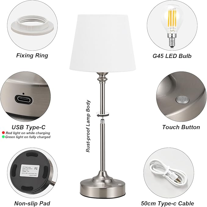 Kakanuo Cordless Table Lamp Rechargeable Silver - 1 Pack 4000mAH Battery Operated Lamp for Decor, 3000K Stepless Dimming Touch Control Wireless Lamp for Bedroom, Dining Table, Counter, Living Room