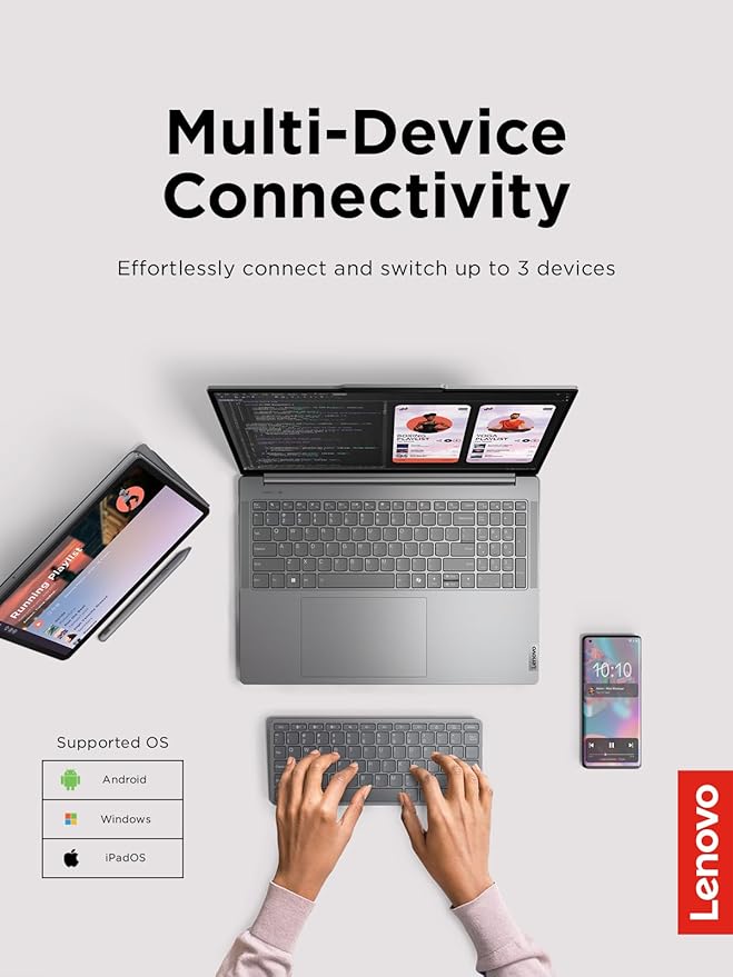 Lenovo Multi-Device Wireless Bluetooth Keyboard, Connect Up to 3 Devices Simultaneously, Compatible with iOS, Android, Windows, Slim Profile, Rechargeable, 60-Hour Battery Life, Iron Grey