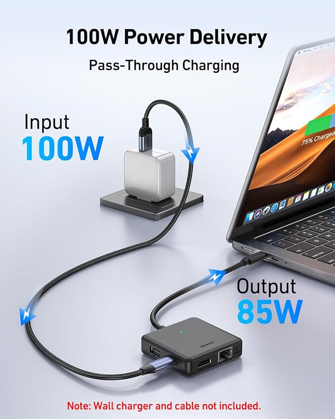 BENFEI USB C HUB 6in1 with HDMI(4K@60Hz), 100Mbps Ethernet, 100W Power Delivery, 1*USB 3.2 10Gbps and 2*USB 2.0, Compatible with iPhone 16 Pro/Max MacBook iPad Pro iMac S23 XPS17