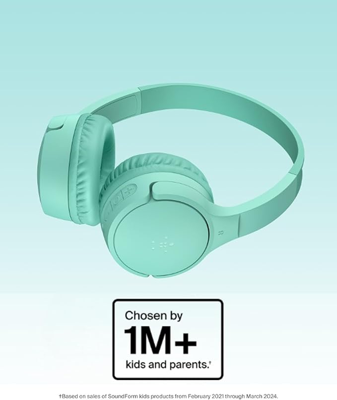 Belkin SoundForm Mini - Wireless Bluetooth Headphones for Kids with 30H Battery Life, 85dB Safe Volume Limit, Built-in Microphone - Kids On-Ear Earphones for iPhone, iPad, Fire Tablet & More - Mint