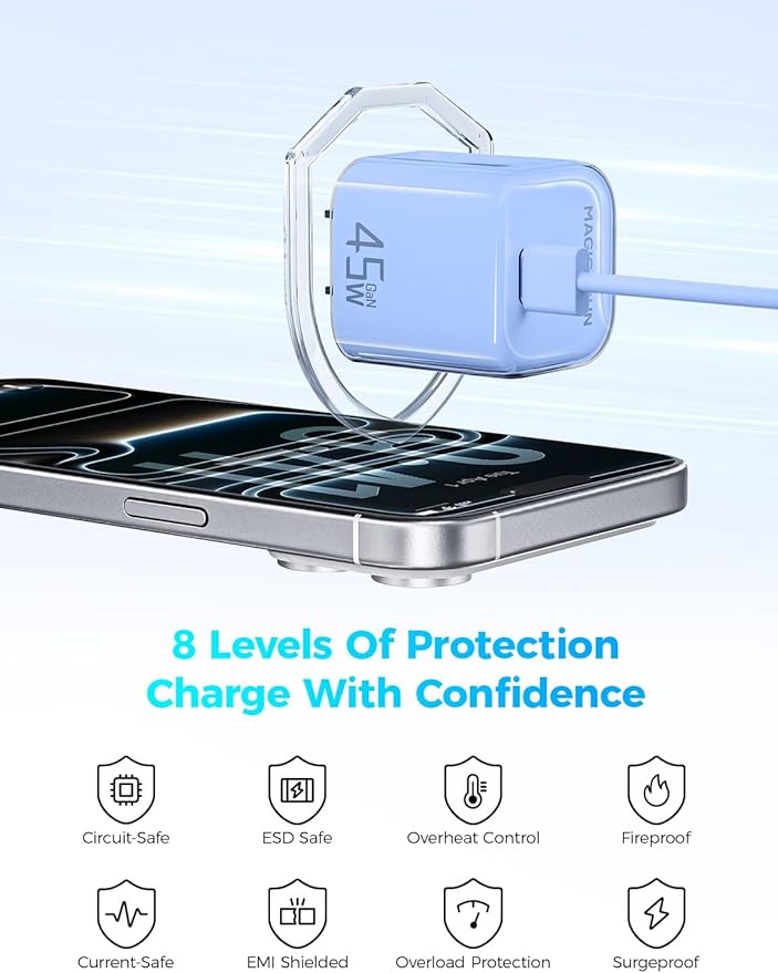 MAGIC JOHN 45W USB C Charger Block, Ultra-Fast Charging for iPhone 15/16/17 & More, Compatible with iPhone, iPad, Samsung, and Other USB C Devices Blue