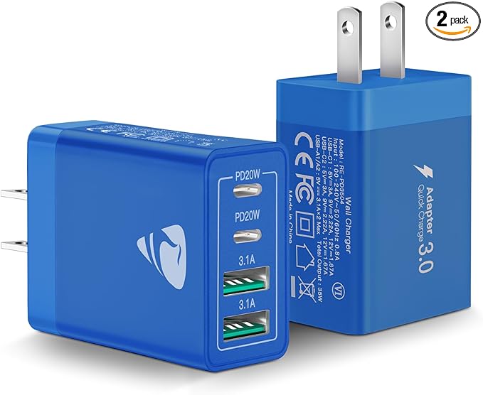 [2-Pack] USB C Wall Charger, 40W Fast USB C Charger Block, 4-Port PD + QC Wall Plug Multiport Type C Charging Block for iPhone 16 15 14 13 12 11 Pro Max XR XS 8 7, Tablets, Cellphones Cube