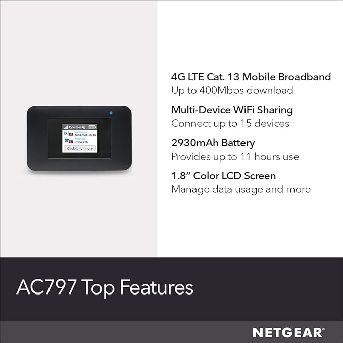 NETGEAR Mobile WiFi Hotspot | 4G LTE Router AC797-100NAS | 400Mbps Download Speed | Connect up to 15 Devices | Create a WLAN Anywhere | GSM Unlocked