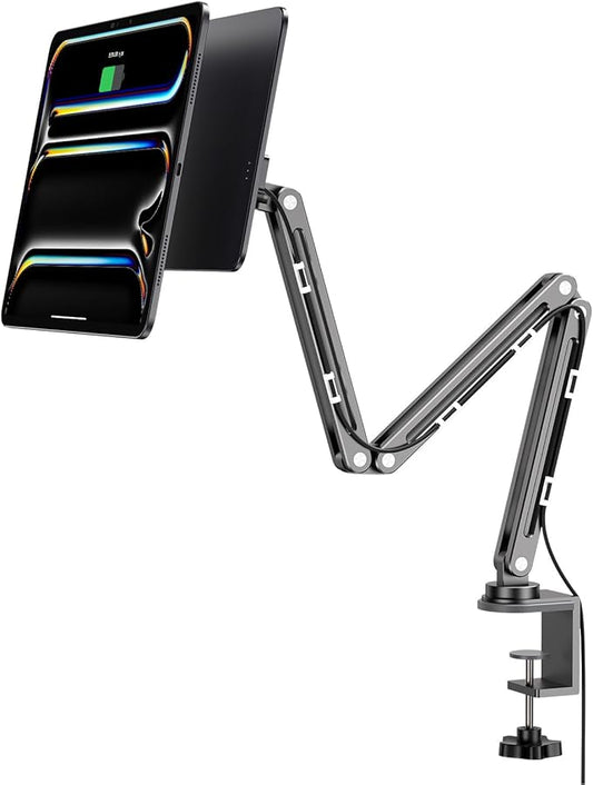 Magnetic Wireless Charging Stand for iPad Pro/Air 11 M2, Foldable Adjustable Arm Mount with 2M Cable, Aluminum Alloy Tablet Holder for iPad Pro 11 1st/2nd/3rd/4th, Air 10.9 4/5th