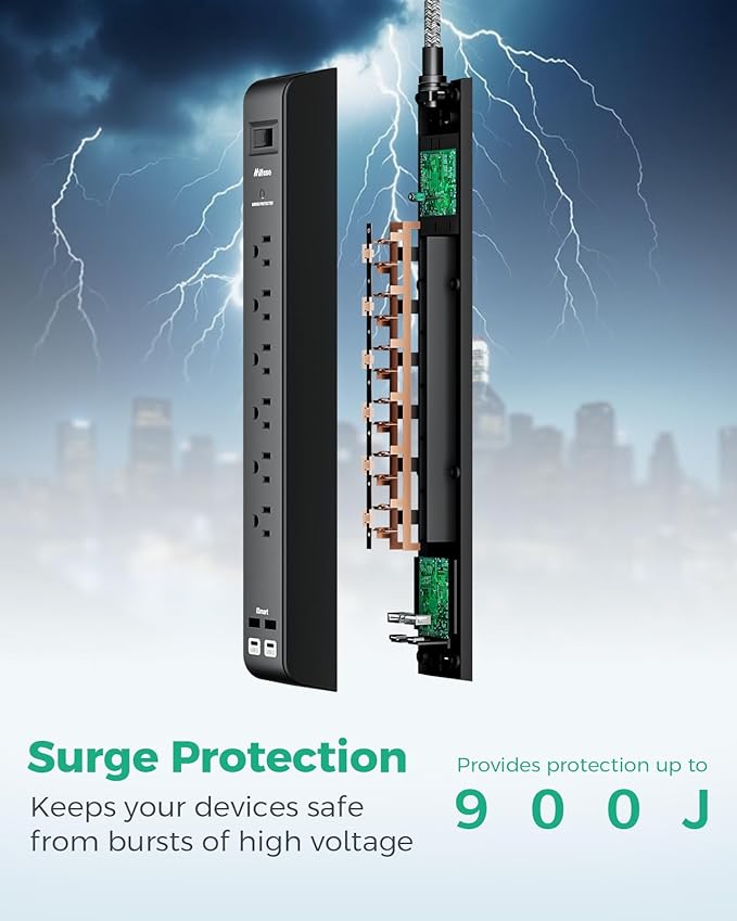 15FT Power Strip Surge Protector - 2 Pack Extension Cord with 6 Outlets 4 USB Ports, Flat Plug, 900 Joules, 15A Circuit Breaker, Wall Mount for Home Office Dorm