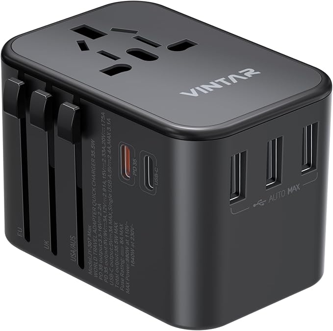 Universal Travel Adapter, VINTAR 35.5W International Power Adapter with 3 USB A QC and 2 USB C PD, All in One Plug Adapter Worldwide Travel Essentials for EU/UK/USA/AUS(Type C/G/A/I), Black