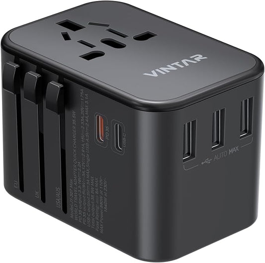 Universal Travel Adapter, VINTAR 35.5W International Power Adapter with 3 USB A QC and 2 USB C PD, All in One Plug Adapter Worldwide Travel Essentials for EU/UK/USA/AUS(Type C/G/A/I), Black
