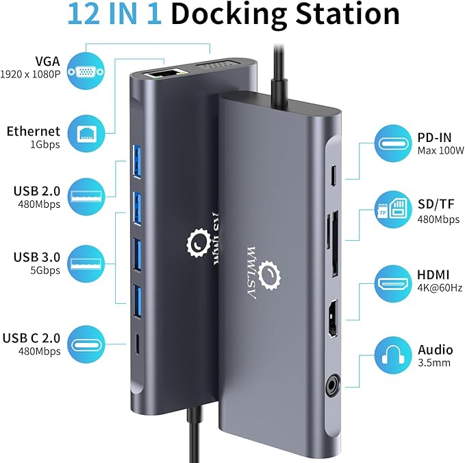 Laptop Docking Station, 12-in-1 USB C Hub – Dual Monitor with 1x 4K@60Hz HDMI, VGA, 100W PD, Ethernet, 3× USB 3.0, USB-C Data Port, SD/TF Card Reader, Audio – Compatible with MacBook, Dell, HP, Lenovo