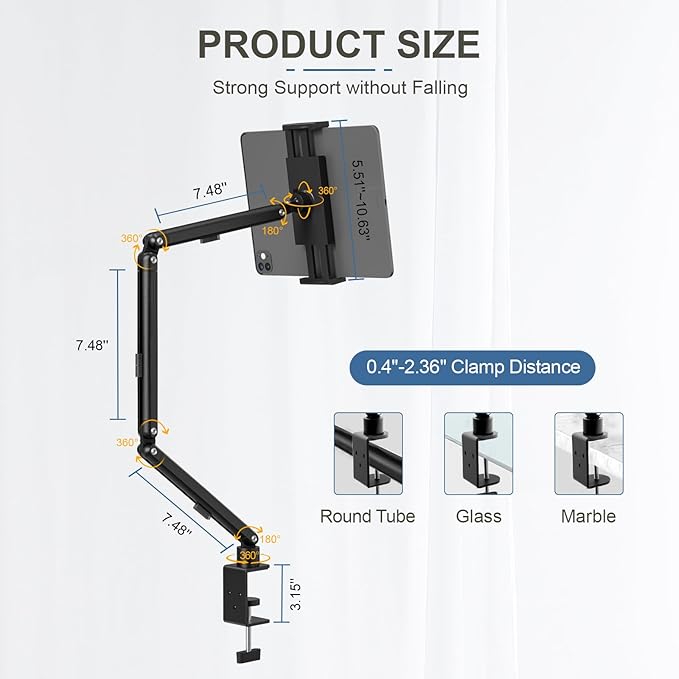 Tablet Stand Holder, Adjustable Foldable iPad Desk Mount Arm with 360°Rotate Base, Tablet Holder with Clamp iPad Stand for Desk, Compatible with Tablets, Phones or Other 4.7-15.6" Device