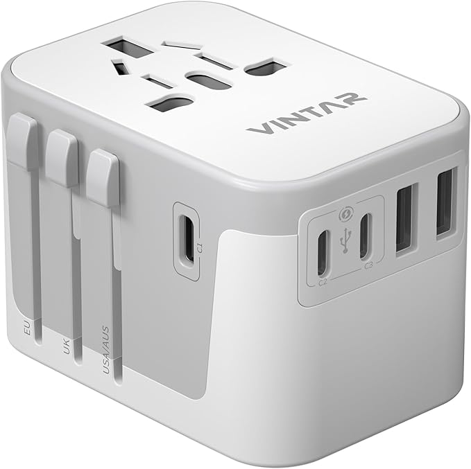 Universal Travel Adapter, VINTAR International Power Adapter with 6A 3 USB C and 2 USB Ports, All in One Travel Essentials Plug Adapter, Worldwide Outlet Converter for Europe UK AUS USA(Type A/C/G/I)