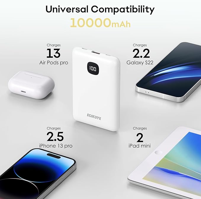 Portable Charger 10000mAh Power Bank with Digital Display, External Battery Pack with Built-in Cables, Ultra-Compact USB-C in&Out Travel Essential for iPhone, Android, Samsung etc