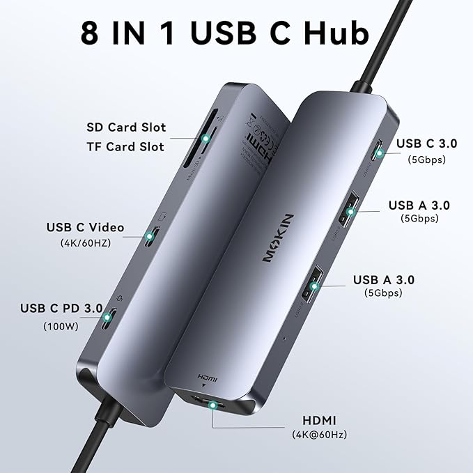 USB C Video Docking Station Dual Monitor, USB C Dongle, Laptop Docking Station with 4K HDMI, 3 USB 3.0,SD Card Reader,100W PD Charging USBC Hub Multiport Adapter, Laptop Dock for HP/Dell/ASUS