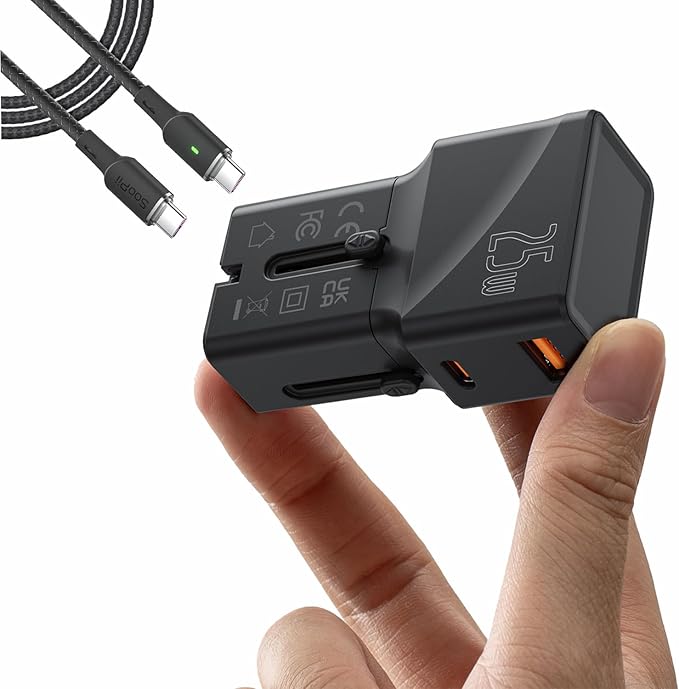 SooPii 25W Universal Travel Power Adapter, International Power Adapter, USB-C PD & USB-A QC Universal Travel Plug, Mini Travel Adapter for UK US EU AU with 100W Smart LED Indicator C-to-C Cable
