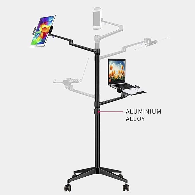 Dual Arm Height Adjustable Stand Mount with Rolling Wheel for Laptop 11-17 inch and Compatible with ipad,iPad mini.ipad pro 12.9 inch,Tablet,Ereader (Black 4 Legs)