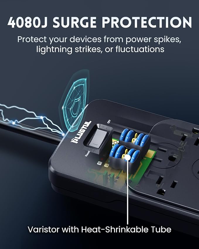 PLUGTUL Surge Protector Power Strip 5FT(4080J), Black Surge Protector with 12 Outlets - Spacious Design for Large Plugs, Flat Plug, 20W USB C Charging for Home, Office, ETL Listed