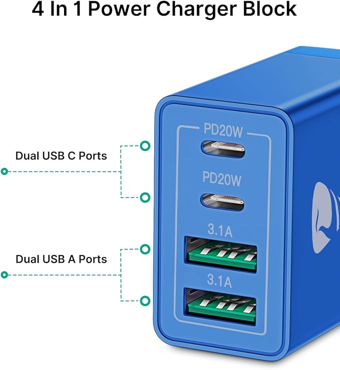 [2-Pack] USB C Wall Charger, 40W Fast USB C Charger Block, 4-Port PD + QC Wall Plug Multiport Type C Charging Block for iPhone 16 15 14 13 12 11 Pro Max XR XS 8 7, Tablets, Cellphones Cube