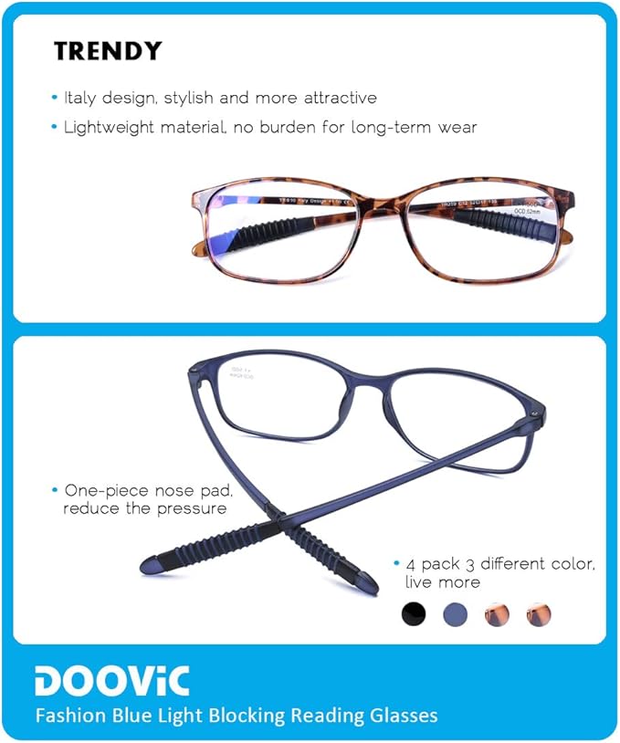DOOViC Reading Glasses 4 Pack Blue Light Blocking Anti Eyestrain Flexible Lightweight Computer Readers for Men Women