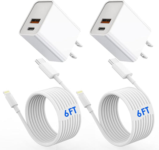 iPhone Fast Charger,[MFi Certified]2Packs 20W Dual Port PD/QC3.0 USB C Wall Charger with 6FT USB C to Lightning Cable Data Sync Cord For Apple iPhone 14 13 12 11 Pro Max X Xr Xs Max 8Plus, AirPods Pro