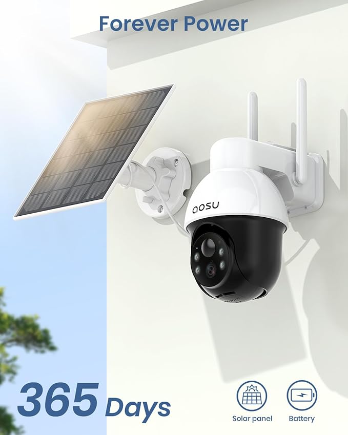 AOSU Solar Security Camera Wireless Outdoor with Panoramic PTZ, Human Auto Tracking, 2K Night Vision, Light and Sound Alarm, 2-Way Audio, Compatible with Alexa/Google Assistant